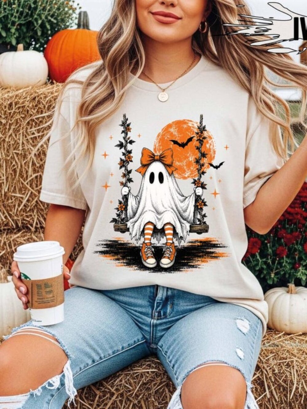 Cute Ghost on Swing Halloween T-Shirt, Spooky Season Bow Ghost Shirt